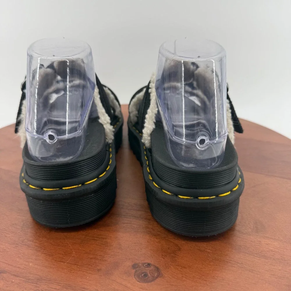 Dr. Martens Myles Suede Faux Shearling Lined Sandal Black Platform Slide Women 8